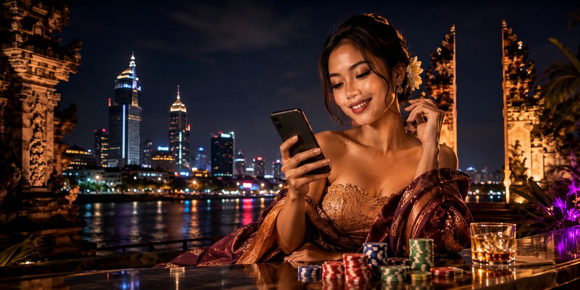 Seorang perempuan tersenyum sambil memainkan kasino mobile di ponselnya dengan penuh semangat